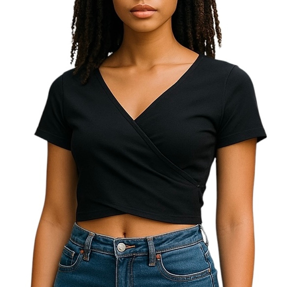 RD Style Crossover Crop Top Black Ribbed Knit Size Large